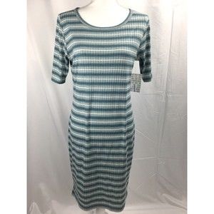 NWT LuLaRoe LARGE Blue Striped Julia Dress Short Sleeves Round‎ Neck Rayon